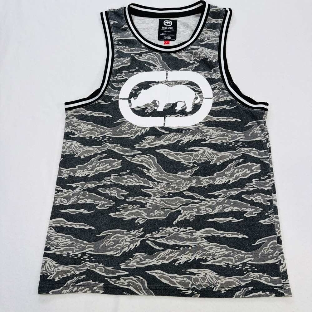 Ecko Unltd Mens M Tiger Stripe Camo Tank Top Rhino Grey Black Y2K Workout